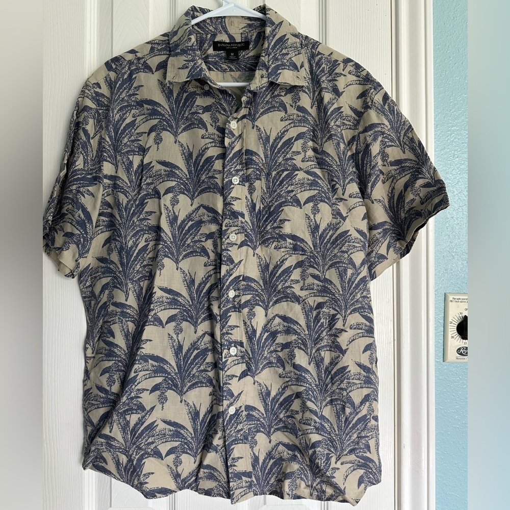 2022 Banana Republic Shirt Mens 100% Linen Palm Print SS Button Up - M Tan Blue
